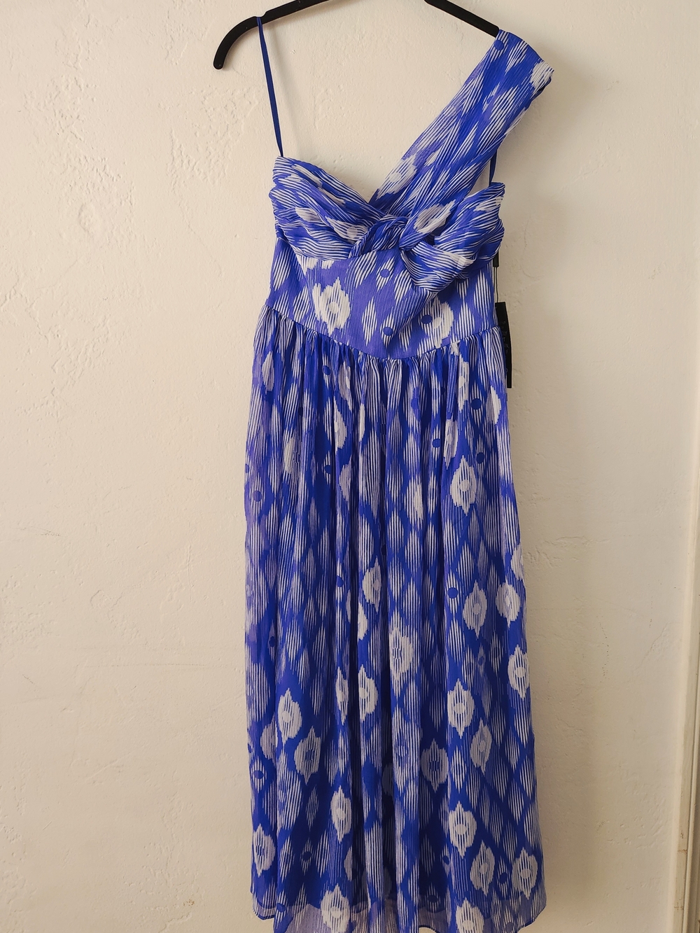 White House Black Market Blue and White One-Shoulder Pleated Dress